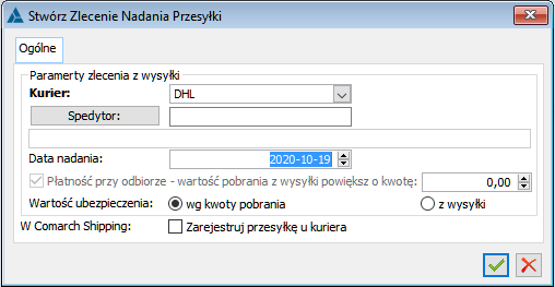 Parametry dla tworzenia zlecenia w Comarch Shipping