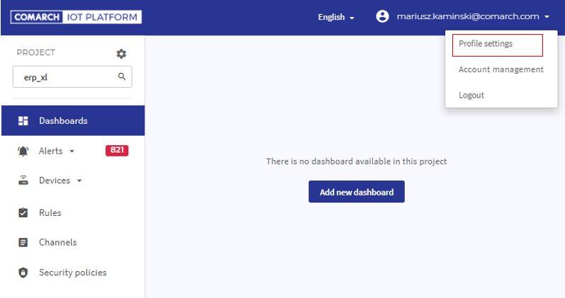 Opcja: Profile settings, za pomocą której zostanie wygenerowany token.