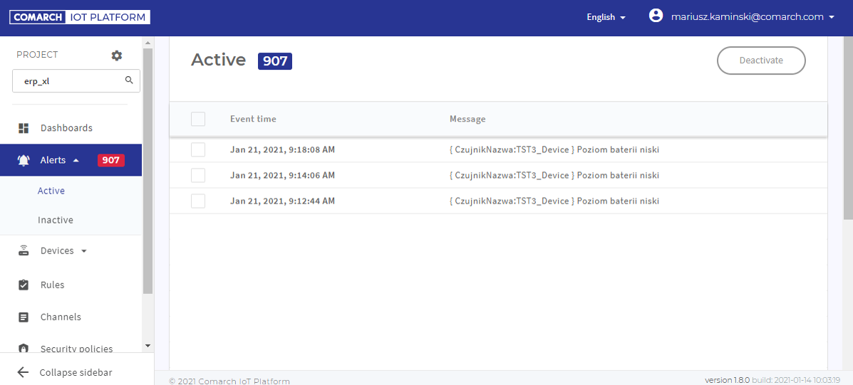 Lista alertów (zdarzeń) zarejestrowanych na Platformie IoT.