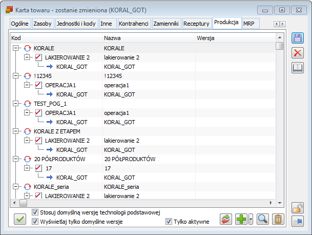 Karta towaru, zakładka: Produkcja.