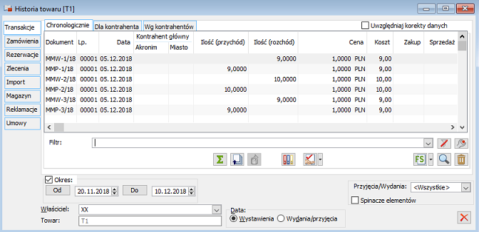 Historia towaru, zakładka: Transakcje/Chronologicznie.