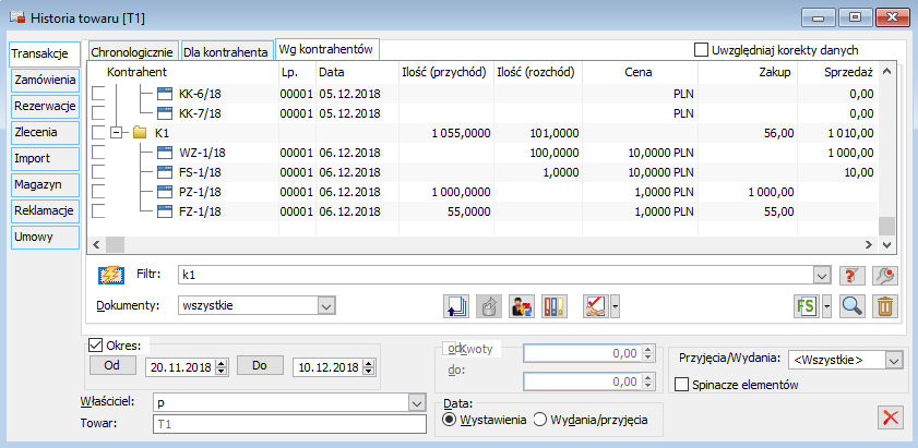 Historia towaru, zakładka: Transakcje/Wg kontrahentów.