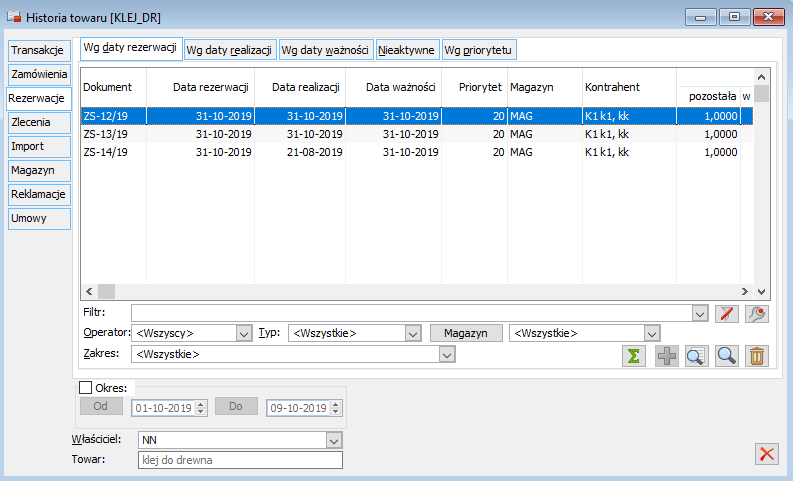 Historia towaru, zakładka: Rezerwacje.