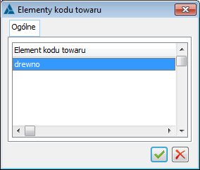 Okno elementów kodu towaru.