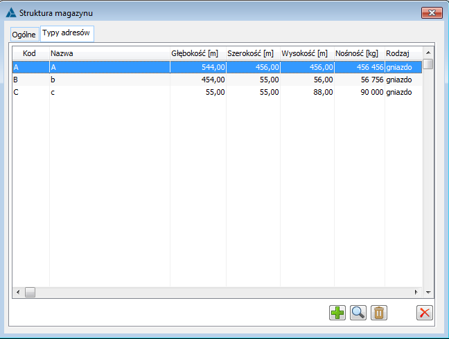 Struktura magazynu, zakładka: Typy adresu.