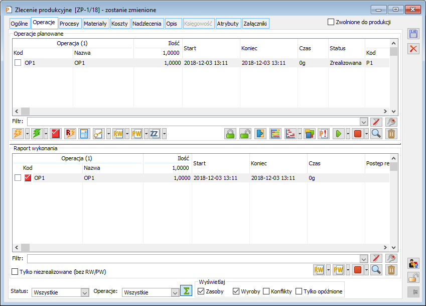 Zlecenie produkcyjne, zakładka Operacje