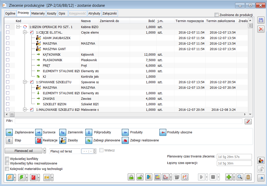 Zlecenie produkcyjne, zakładka: Procesy