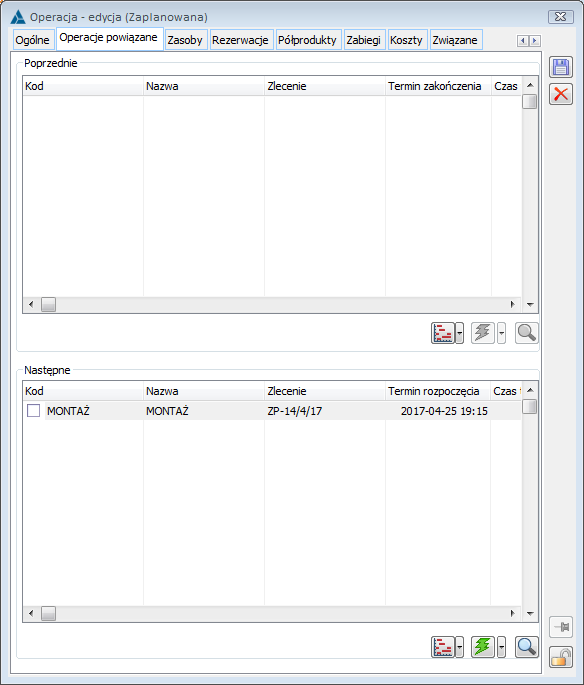 Operacja planowana, zakładka: Operacje powiązane