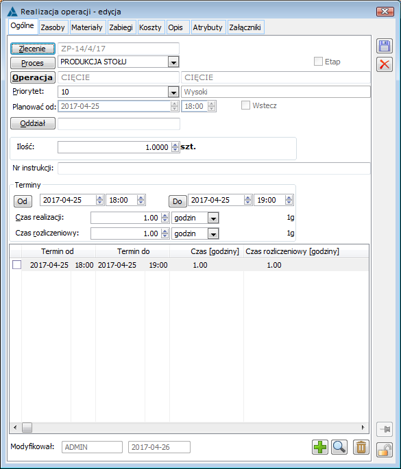 Realizacja operacji, zakładka: Ogólne
