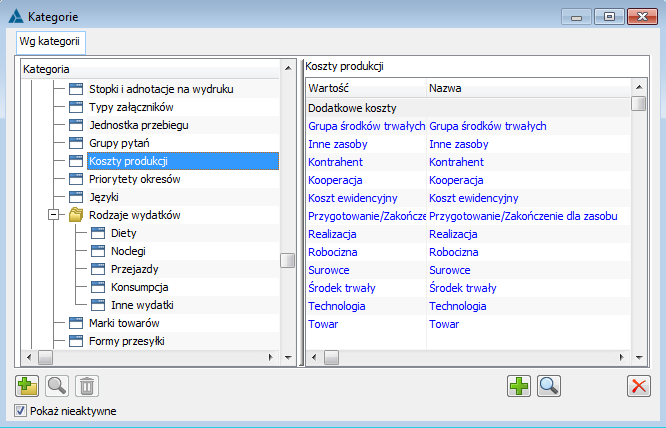 Kategorie: Koszty produkcji, w oknie: Kategorie