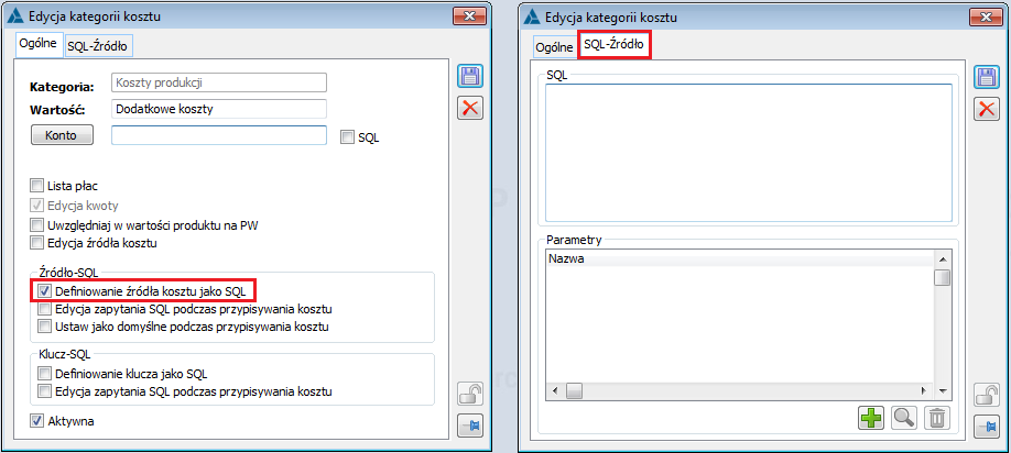 Edycja kategorii kosztu, zakładka SQL-Źródło, na której definiujemy zapytanie SQL, za pomocą którego obliczane będzie źródło kosztu