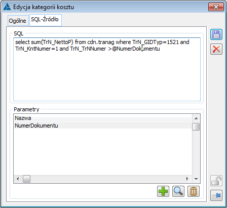 Przykładowe zapytanie, obliczające źródło kosztu jako sumę wartości netto odpowiednich dokumentów FZ