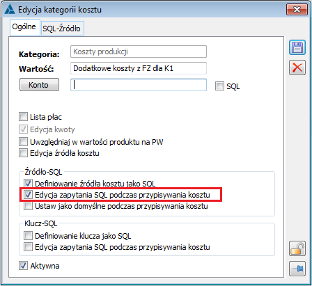 Edycja kategorii kosztu, parametr: Edycja zapytania SQL podczas przypisywania kosztu