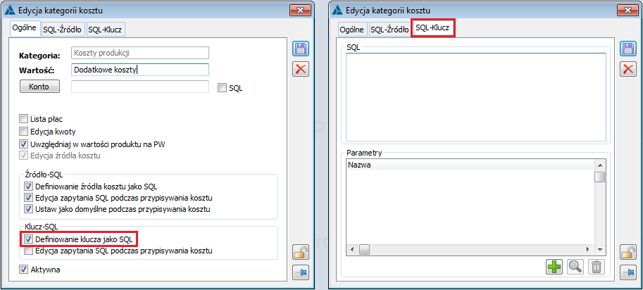Edycja kategorii kosztu, zakładka: SQL-Klucz, na której definiujemy zapytanie SQL, za pomocą którego obliczany będzie klucz rozbicia kosztu