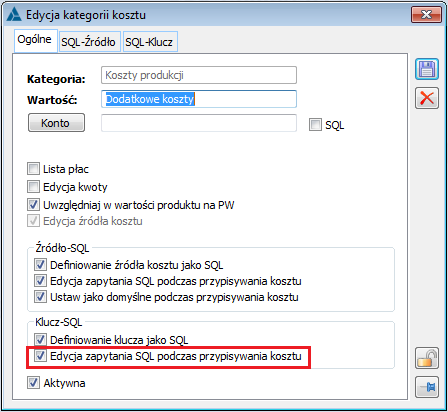 Edycja kategorii kosztu, parametr: Edycja zapytania SQL podczas przypisywania kosztu
