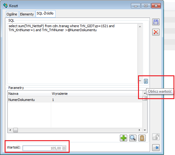 Opcja: Oblicz wartość, za pomocą której obliczany jest wynik zapytania SQL, definiującego źródło kosztu