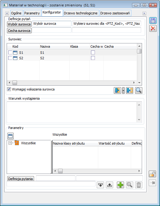 Okno: Materiał w technologii (Surowiec), zakładka Konfigurator