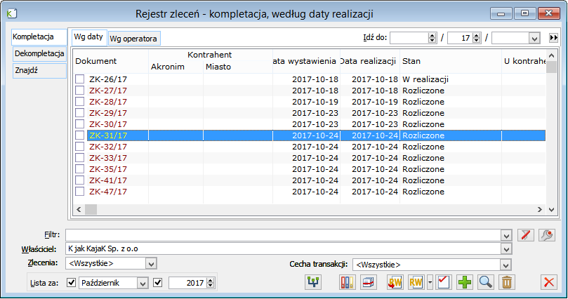 Rejestr zleceń produkcyjnych, zakładka: Kompletacja/Wg daty