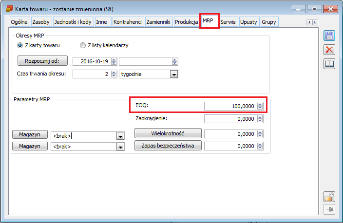 Parametr EOQ na karcie towaru