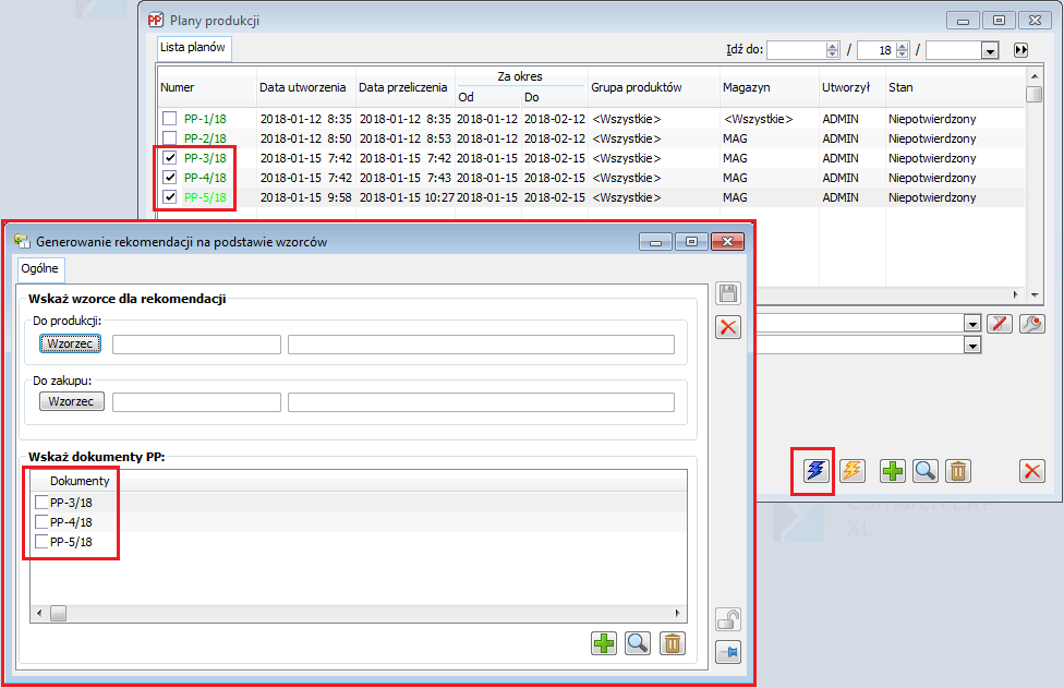 Opcja generowania rekomendacji na podstawie wzorca z poziomu listy Planów produkcji