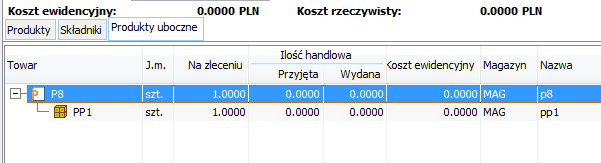 Nagłówek zlecenia kompletacji, zakładka: Produkty uboczne