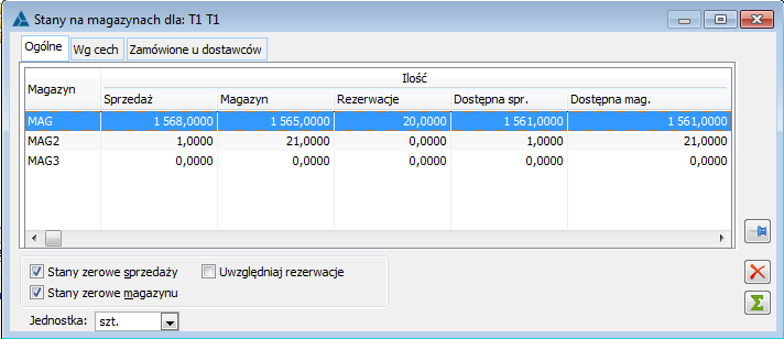 Stany towarów na magazynach, zakładka: Ogólne.