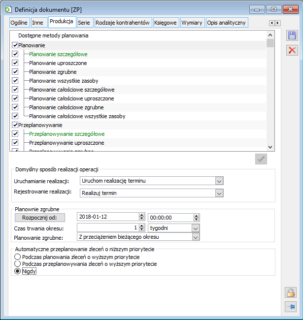 Definicja dokumentu ZP, zakładka Produkcja