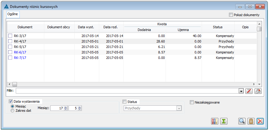 Lista dokumentów różnic kursowych.