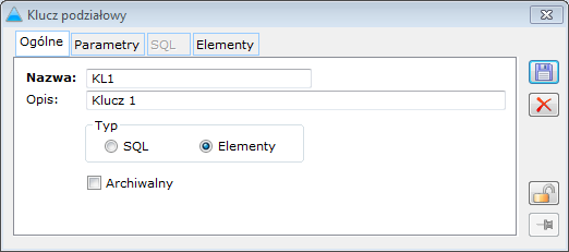 Klucz podziałowy, zakładka: Ogólne