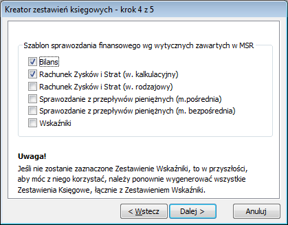Okno: Kreator zestawień księgowych – krok 4 z 5