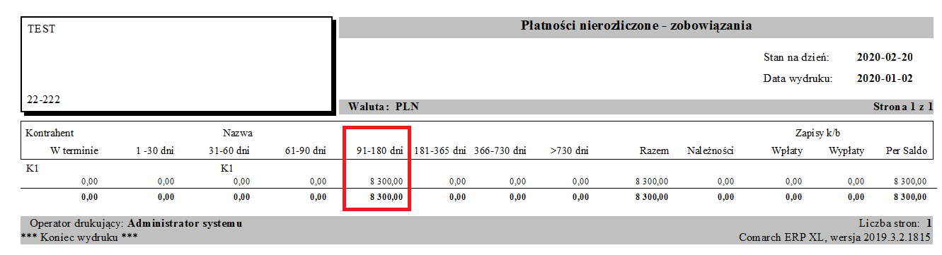 Wydruk nierozliczonych należności