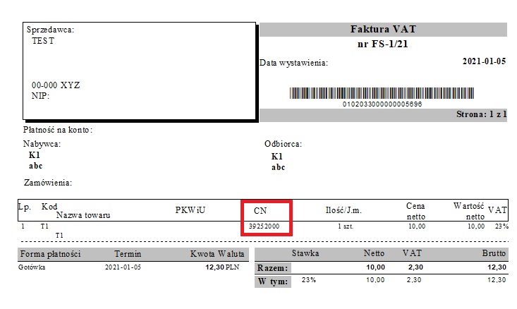 Wydruk faktury sprzedaży: 8-znakowy kod CN 