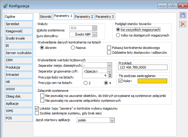 Konfiguracja, zakładka: Ogólne/Parametry 2