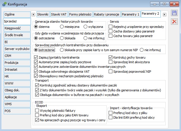 Konfiguracja, zakładka: Sprzedaż/Parametry2