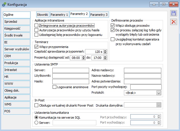 Konfiguracja, zakładka: Ogólne/Parametry 2