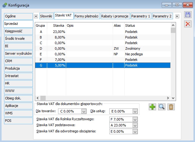 Konfiguracja, zakładka: Sprzedaż/Stawki VAT