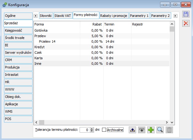 Konfiguracja, zakładka: Sprzedaż/Formy płatności