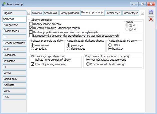 Konfiguracja, zakładka: Sprzedaż/Rabaty i promocje