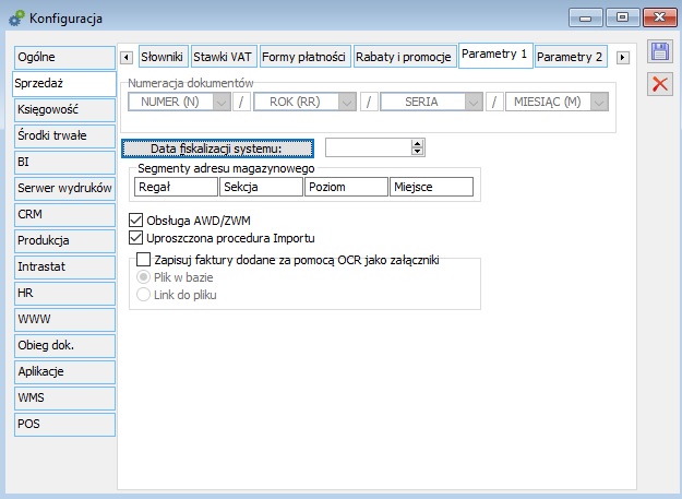 Konfiguracja, zakładka: Sprzedaż/Parametry 1.