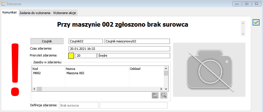 Komunikat wyświetlany w ERP XL o zdarzeniu zarejestrowanym i otrzymanym z platformy IoT.