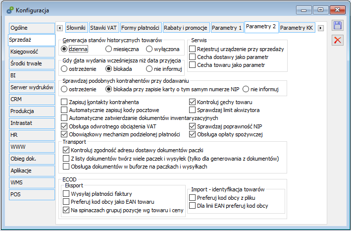 Konfiguracja, zakładka: Sprzedaż/Parametry 2.