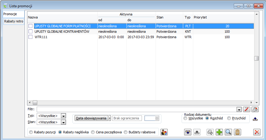 Lista promocji wg opcji Rabaty nagłówka.