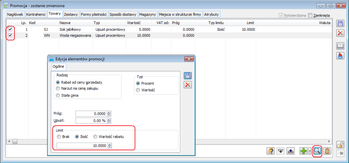 Zmiana limitu ilości dla kilku zaznaczonych elementów promocji