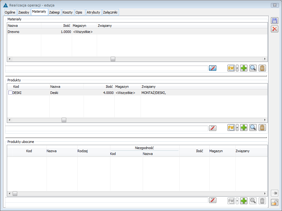 Realizacja operacji, zakładka: Materiały