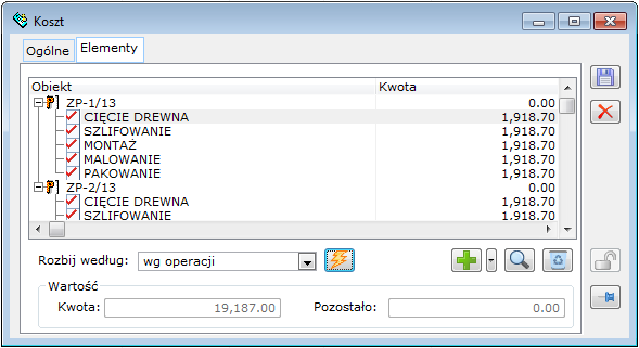 Koszt, zakładka: Elementy