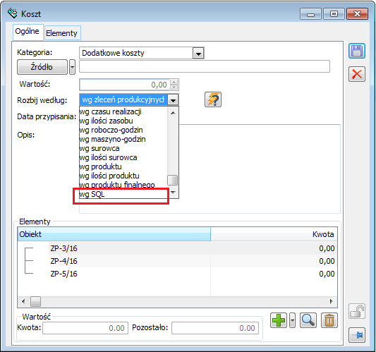 Opcja: wg SQL, jako klucz rozbicia kosztu dodatkowego
