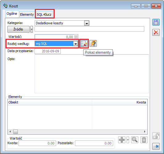 Koszt ze wskazanym kluczem rozbicia: wg SQL oraz opcja: Pokaż elementy, za pomocą której można wyświetlić elementy wynikające z definicji klucza SQL