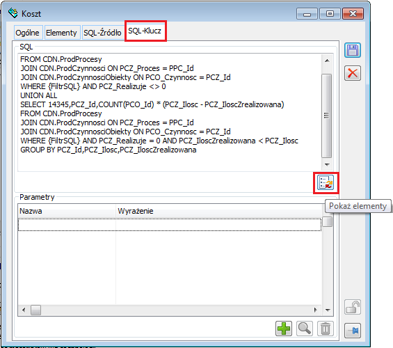 Okno: Koszt, zapytanie, za pomocą którego obliczany będzie klucz rozbicia kosztu, a także opcja Pokaż elementy, za pomocą której należy wywołać ww. zapytanie, czyli obliczyć i wyświetlić elementy, wynikające z definicji klucza