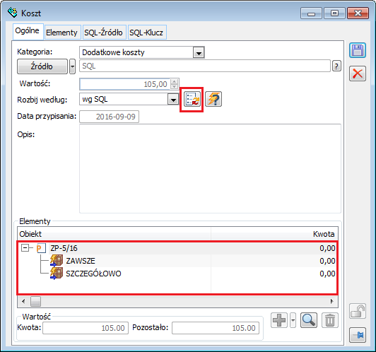 Elementy rozbicia kosztu, wynikające z klucza SQL, obliczone za pomocą opcji: Pokaż elementy, dostępnej w danym oknie: Koszt
