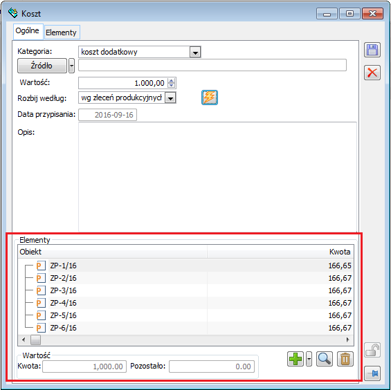 Okno Koszt, zakładka Ogólne, sekcja Elementy